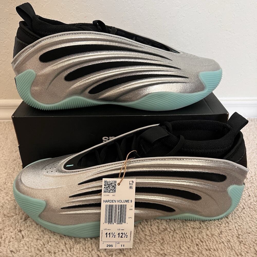 Adidas Harden Volume 9 Uno Metallic Silver Black Aqua JS1028 Men’s Size 11.5 NWT